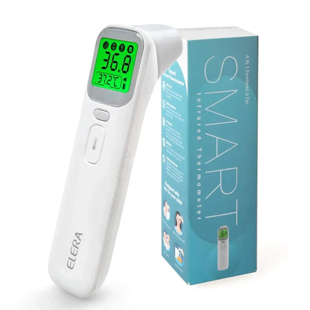 ELERA Infrared Digital Thermometer with touch-free, quick 1-second readings and backlit LCD display showing temperature.
