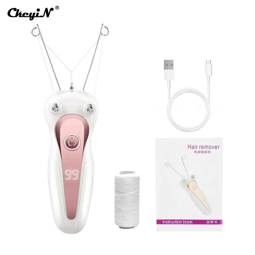 Electric body hair remover with rechargeable cordless design, cotton thread epilation technology, USB charging cable, spool of thread, and instruction manual for gentle and efficient hair removal.