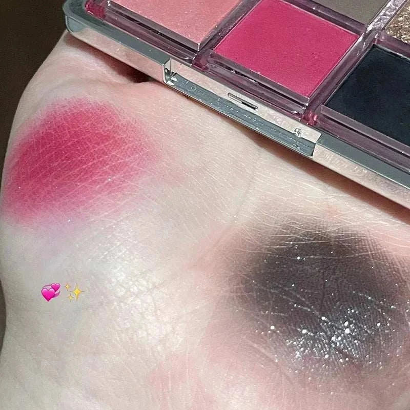 9 Colors Eyeshadow Palette swatches on skin showing bold pink and dark matte shades with shimmer, highlighting blendable, mattes and smokey eye colors.