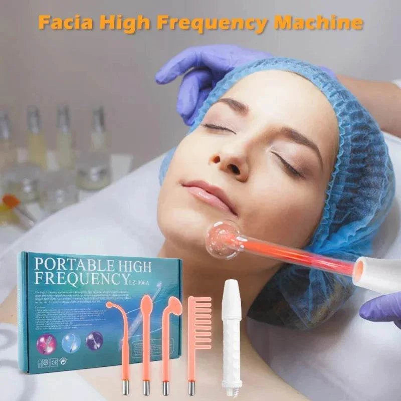 4-in-1 handheld electric facial therapy wand with interchangeable electrodes for high frequency skin treatment on woman’s face during spa session
