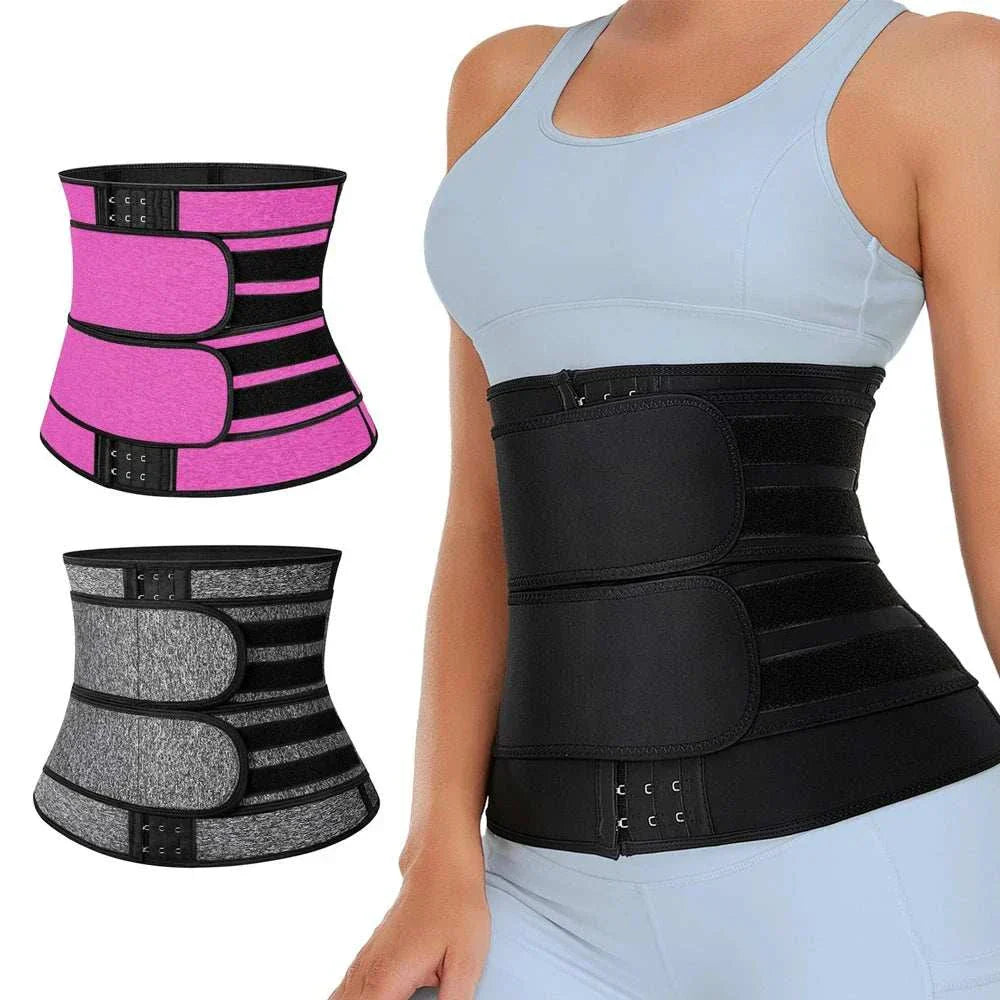 Breathable neoprene waist trainer belt in black, pink, and gray for core support and posture improvement