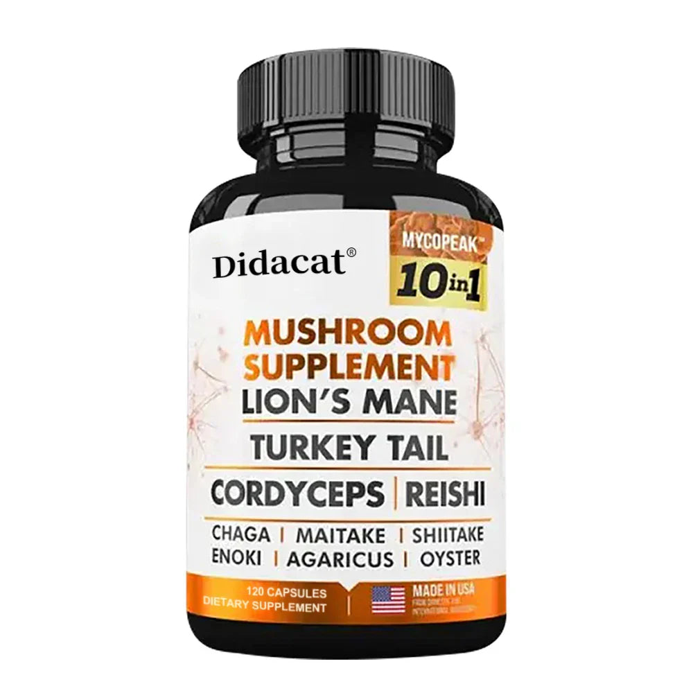 Bottle of Didacat Mushroom Supplement 10x Complex with Lion's Mane, Turkey Tail, Cordyceps, and Reishi for memory and focus support