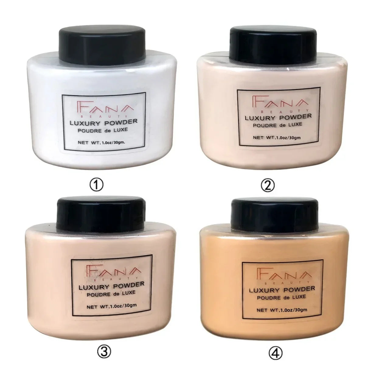 four shades of luxury banana powder in compact jars for smooth, matte, long-lasting makeup finish