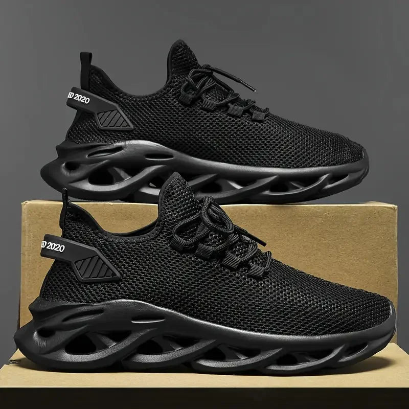 Black lightweight breathable running sneakers with shock-absorbing sole and mesh upper for men and women