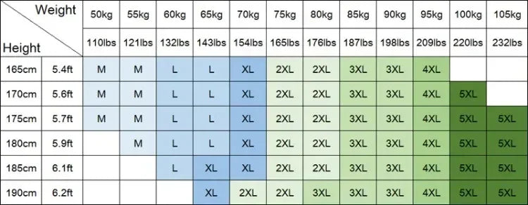 Men’s summer quick-dry fitness tracksuit vest and shorts size chart for height and weight