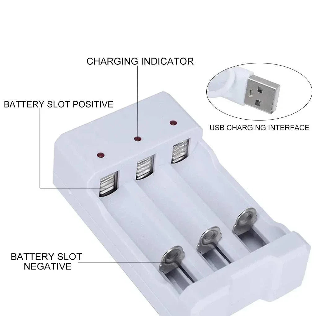 High-speed USB rechargeable battery charger with 3/4 slots, LED indicators, and USB charging interface.