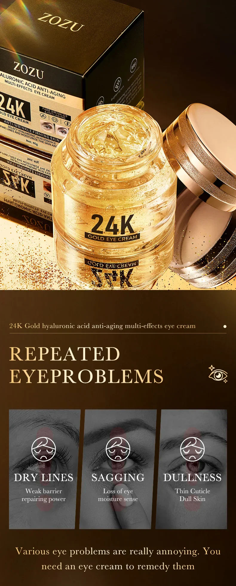 24K gold hyaluronic acid eye cream for anti-aging, brightening, and deep hydration with natural ingredients