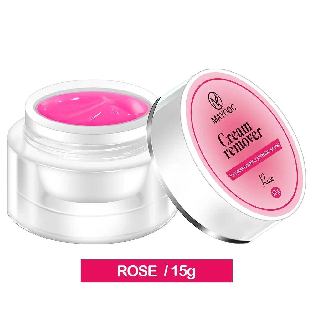 MAYOOC 15g Rose Cream Remover for eyelash extensions in white jar with pink lid and gel inside