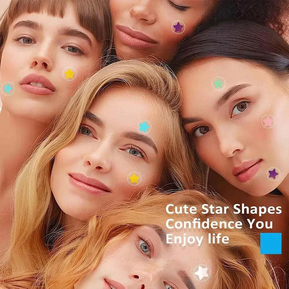 Group of diverse women wearing colorful star-shaped pimple patches on their faces for acne treatment and stylish skincare.