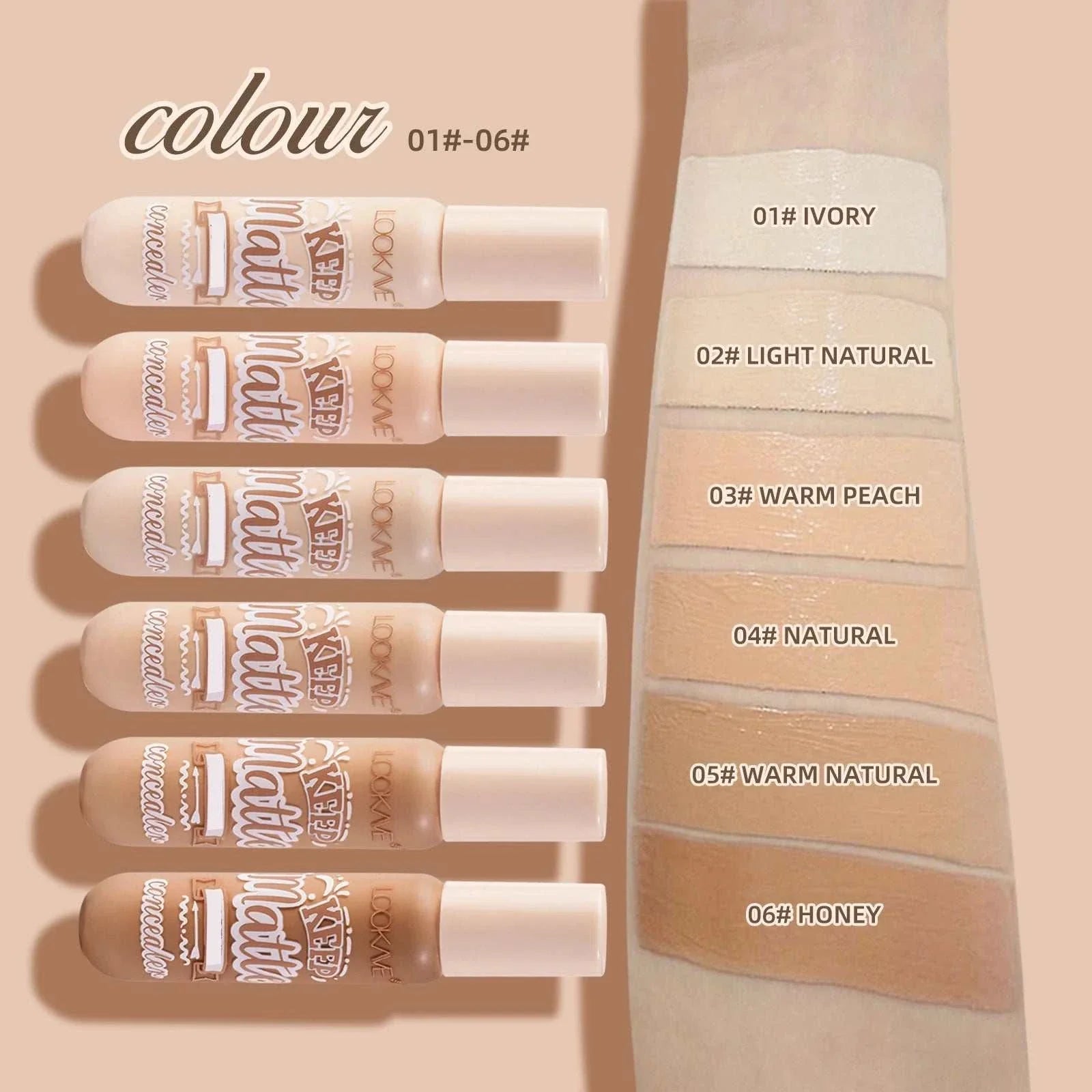 Liquid Concealer Stick foundation cream in six shades from ivory to honey displayed with swatches on skin for full coverage and moisturizing finish