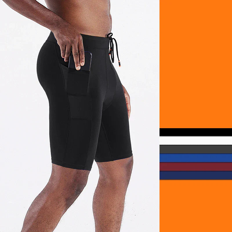 Men's outdoor running shorts with breathable fabric, 4-way stretch, compression leggings, secure fit, and side pockets for athletic performance