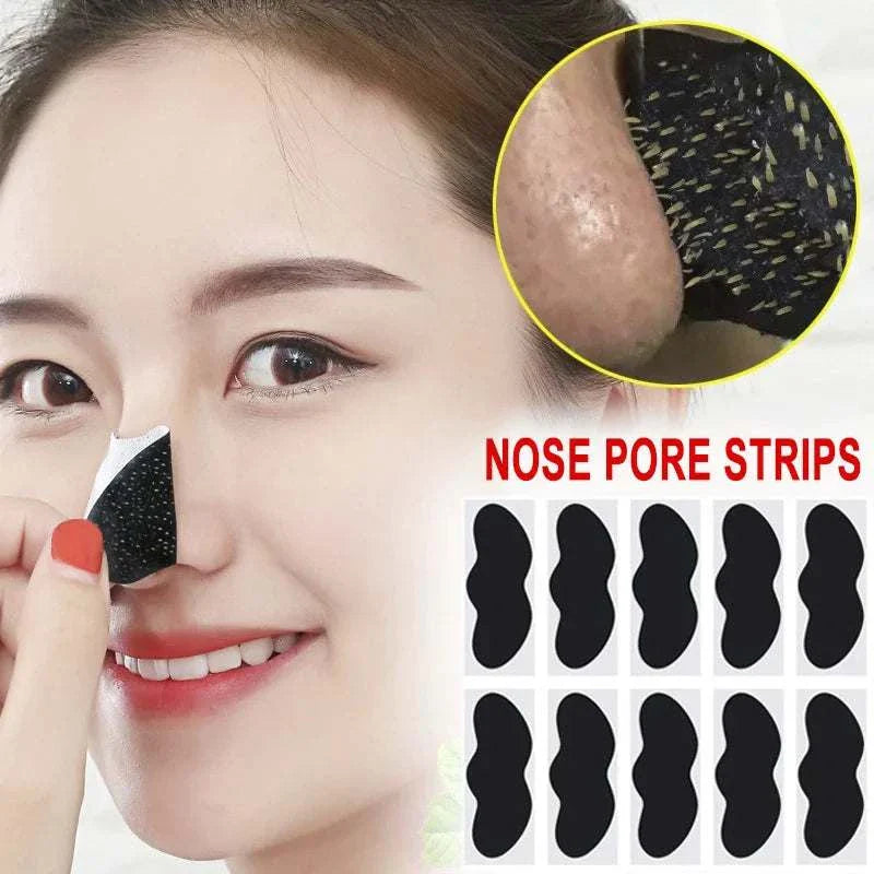Facial blackhead removal stickers applied on nose for deep pore cleansing and blackhead extraction.
