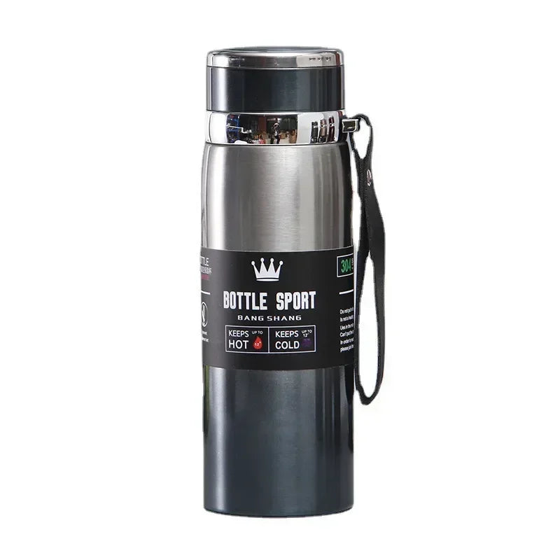 1L hot and cold stainless steel thermos with vacuum insulation and carry strap