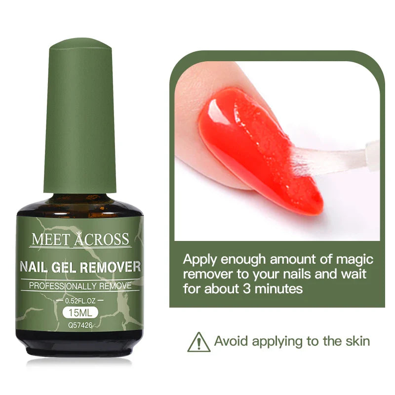 Fast Nail Gel Polish Remover bottle with nail polish being removed from a fingernail, showing quick and easy gel polish removal instructions.