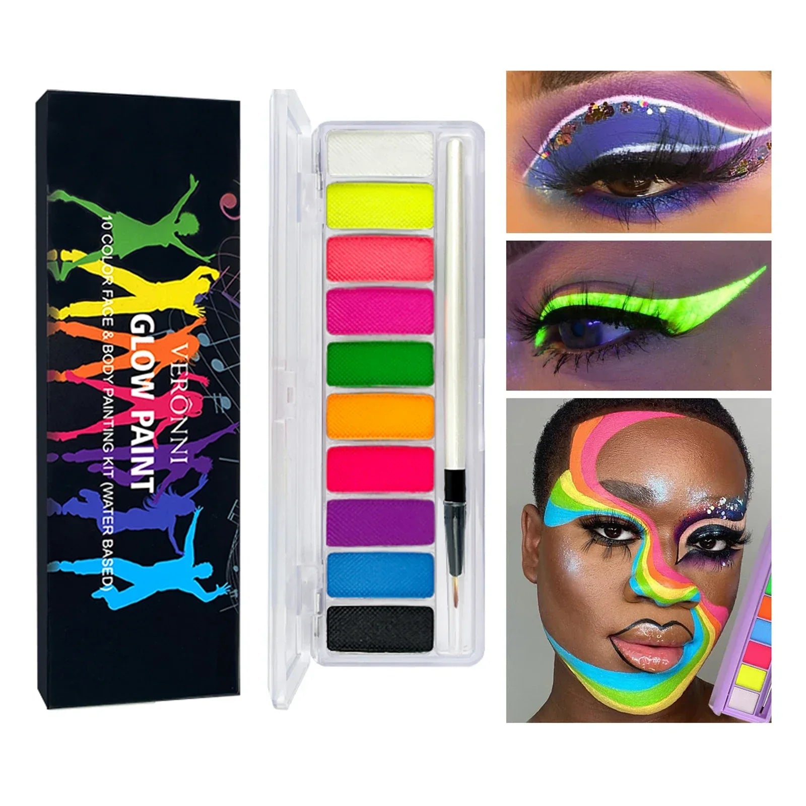 Glow fluorescent neon oil face and body paint set with 10 vibrant colors and UV reactive makeup designs
