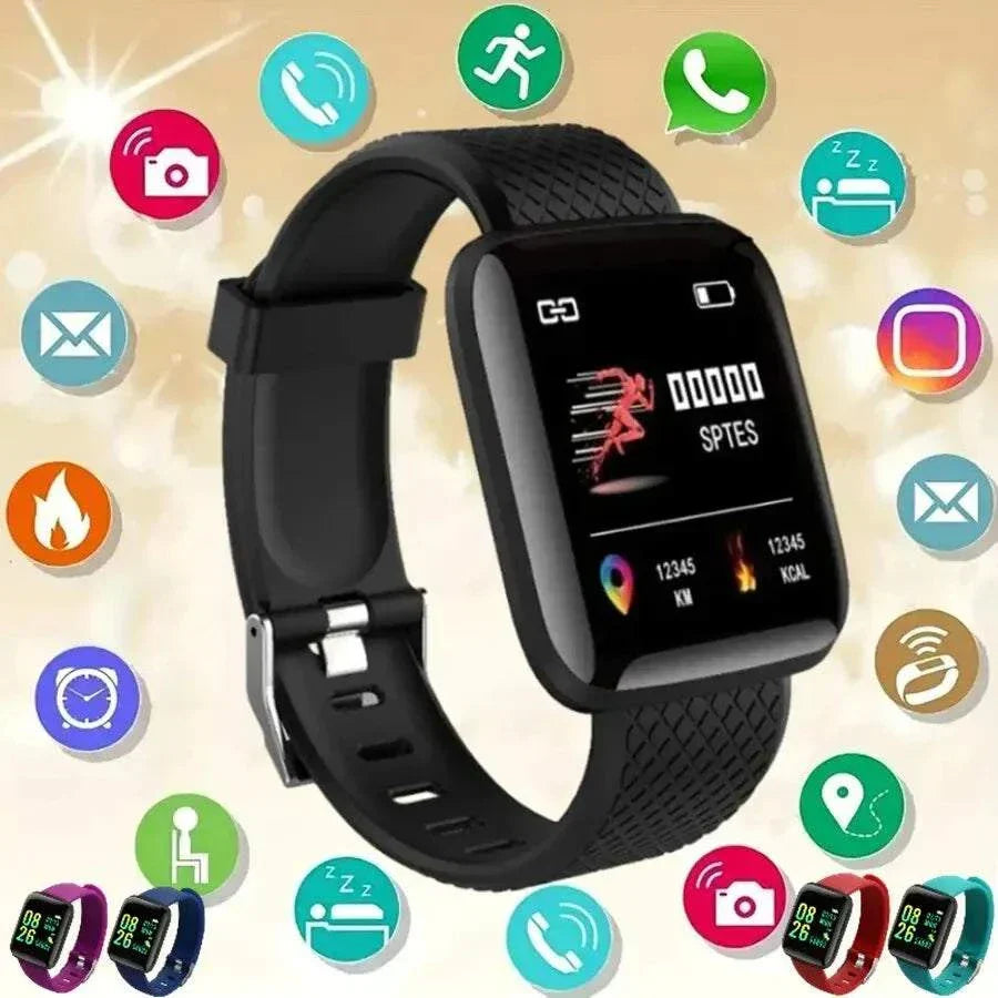 Multifunction Smart Watch with black strap displaying fitness tracking and app notifications icons around it