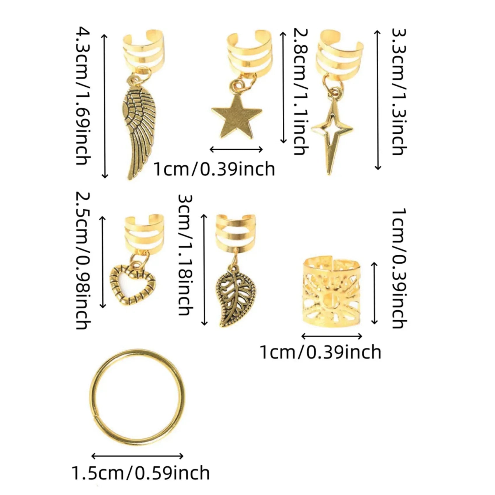 45pcs alloy braid hair ring set with gold-toned boho dreadlock charms including star, wing, leaf, and heart designs for braids and locs
