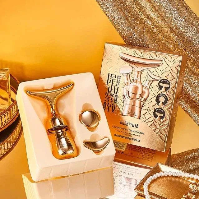 3-in-1 Facial Lifting Device set with gold tone, featuring EMS microcurrent technology for face, neck, and eye massage, including multiple attachments and rechargeable design.