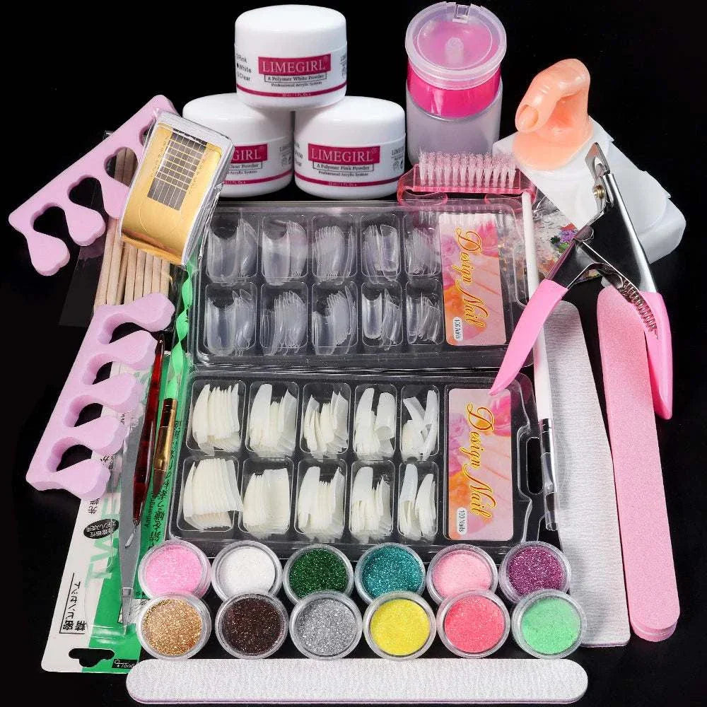 Nail Acrylic Powder and Liquid Monomer Kit with glitter powders, nail tips, carving tools, and manicure accessories for 3D nail art and extensions.