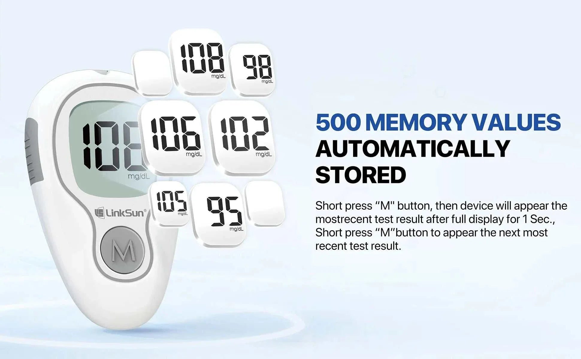 LinkSun Blood Glucose Meter with large LCD, automatic calibration, 500 memory readings, and fast accurate results for diabetes monitoring.