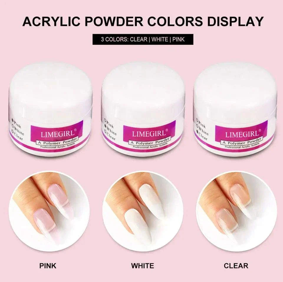 Nail acrylic powder and liquid monomer kit with pink, white, and clear acrylic powders for 3D nail art and sculpting