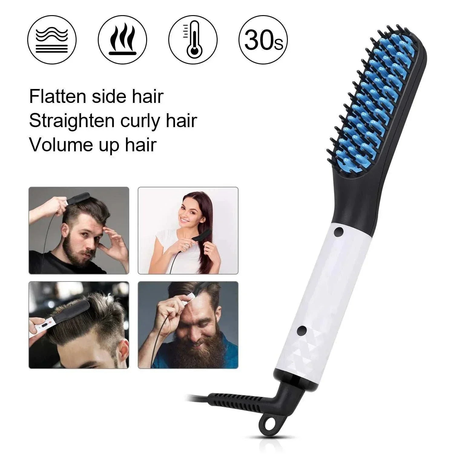 Electric man hair comb brush beard straightener with anti-scald bristles for quick styling and smoothing curly or rough hair.