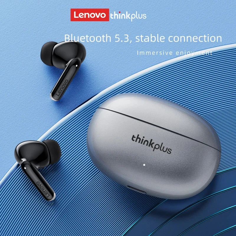 Lenovo Thinkplus XT88 black in-ear Bluetooth earphones with charging case on blue background, showing Bluetooth 5.3 connectivity and sleek design