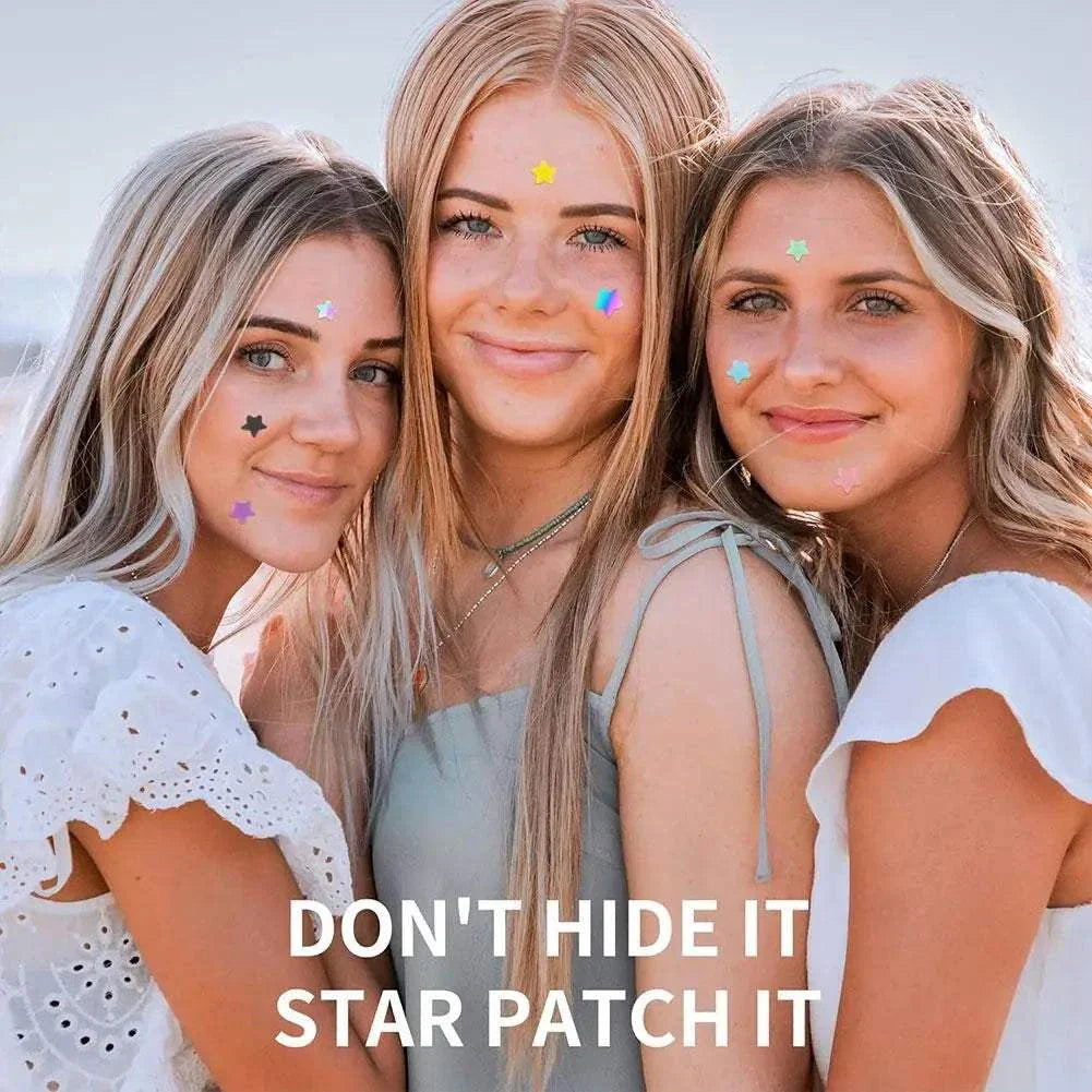 Three smiling women wearing colorful star-shaped pimple patches on their faces showcasing the playful acne-concealing skincare stickers.