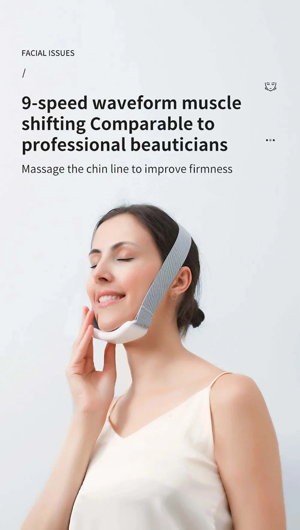 Woman using EMS face lifting massager with chin strap for jawline firming and wrinkle reduction