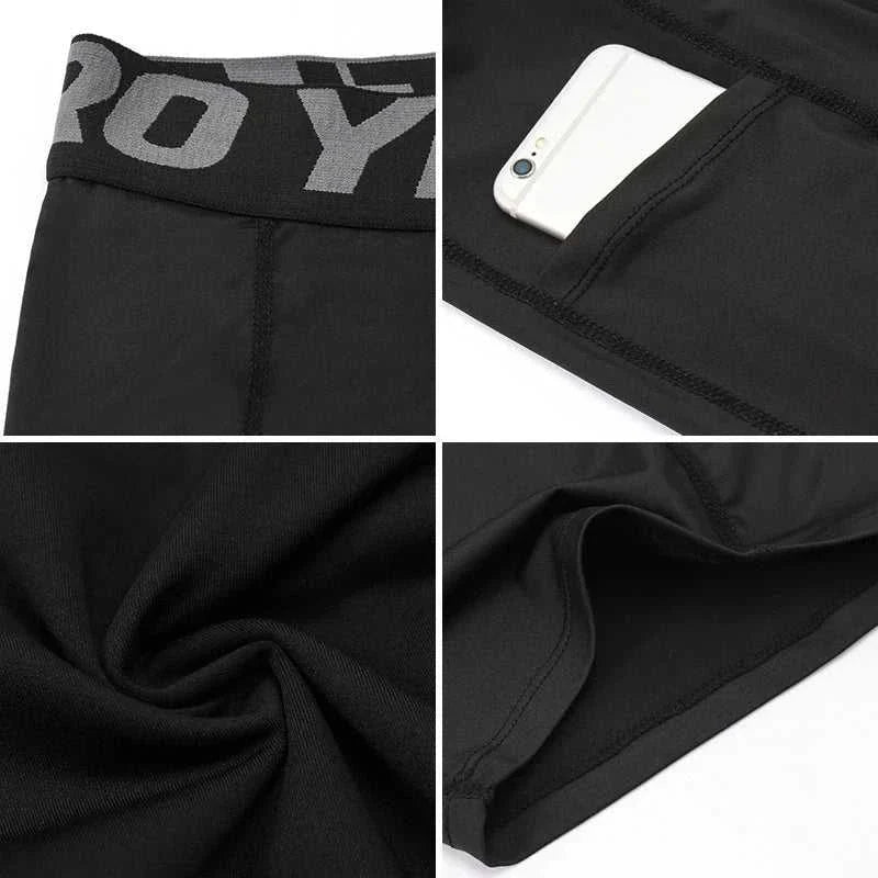 Black men’s compression shorts with elastic waistband, side pocket for phone, breathable fabric, and flexible stretch material detail