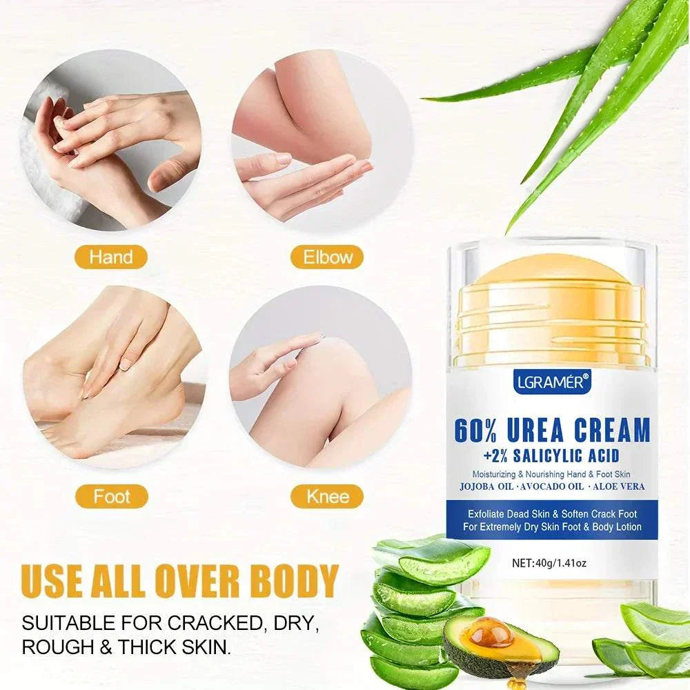 Container of Lgramer 60% Urea Cream with salicylic acid for moisturizing hands and feet, shown with examples of application on hand, elbow, foot, and knee, highlighting its use for cracked, dry, rough, and thick skin.