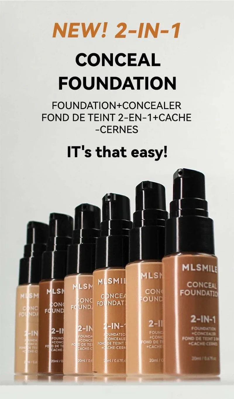 Face foundation cream bottles in various skin tones with 2-in-1 concealer and foundation, full coverage, waterproof, and matte finish