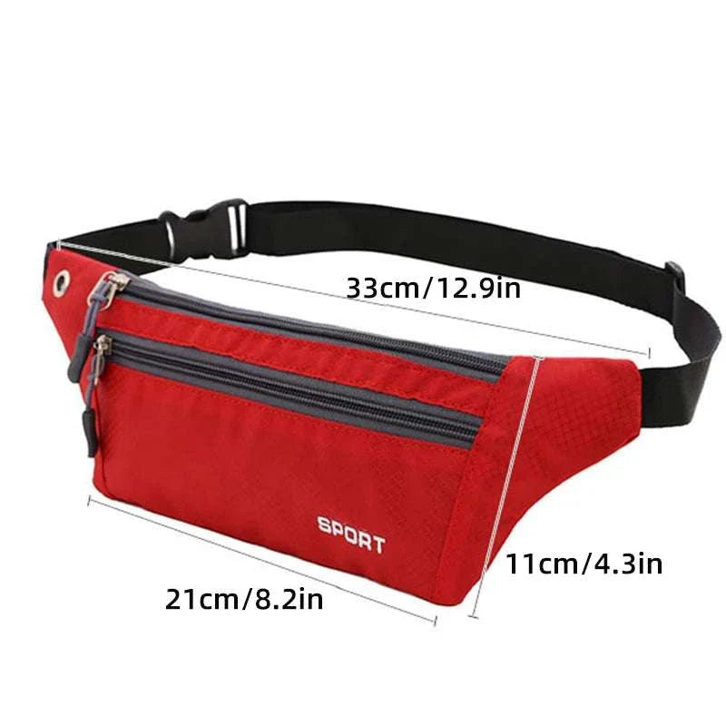 Red nylon waist and chest bag with adjustable black strap and multiple zippered compartments, perfect for sports and travel.