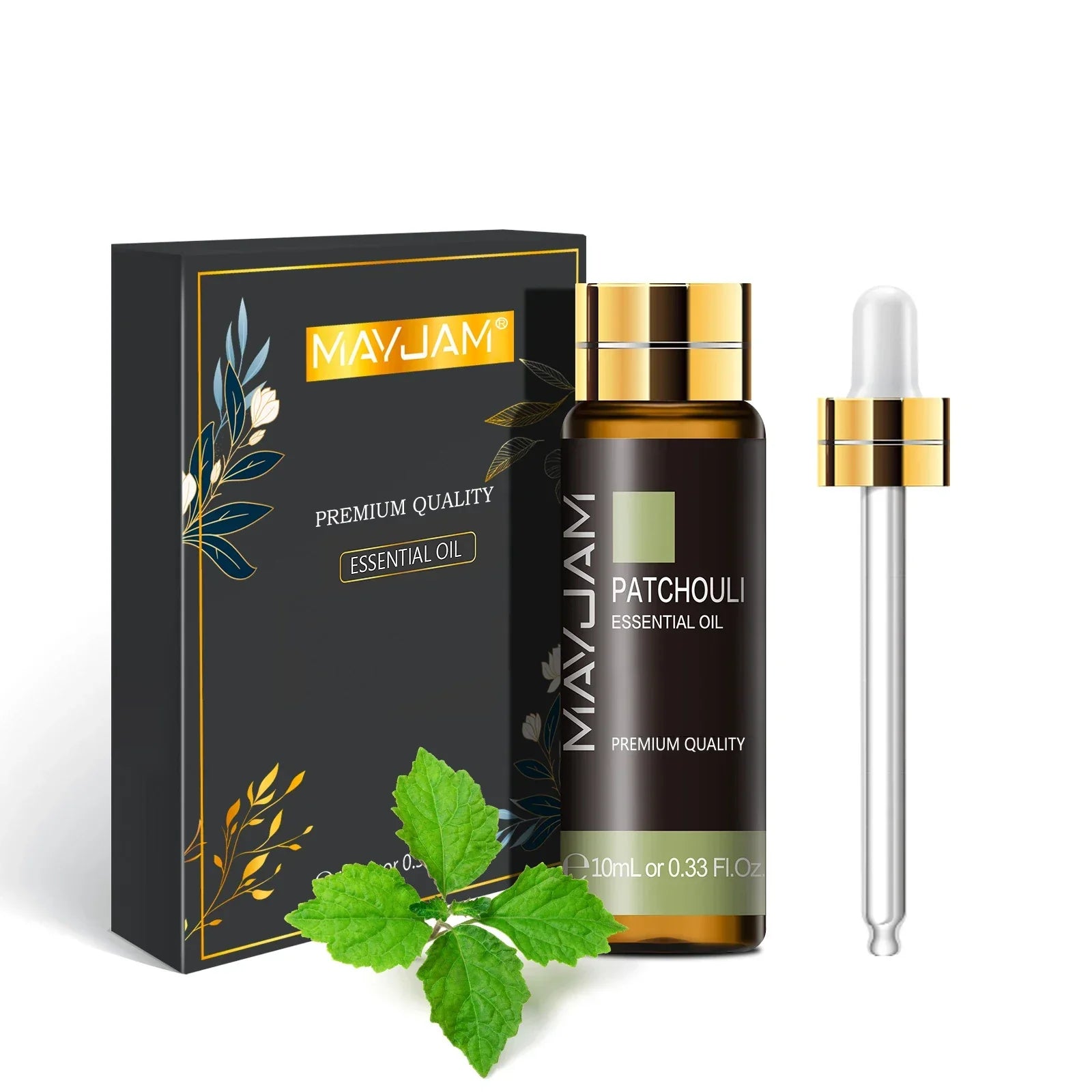 MAYJAM Patchouli Essential Oil 10ml bottle with dropper and black-gold packaging featuring mint leaves