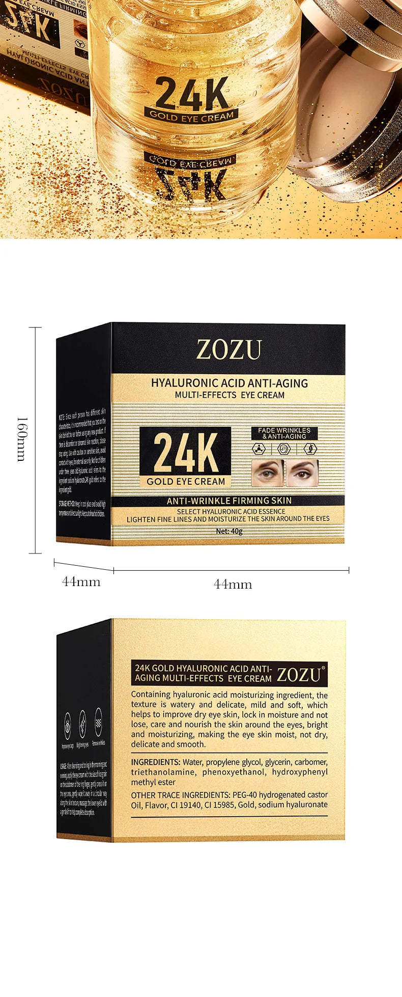 24K Gold Hyaluronic Acid eye cream for anti-aging, brightening, and deep hydration with real gold infusion