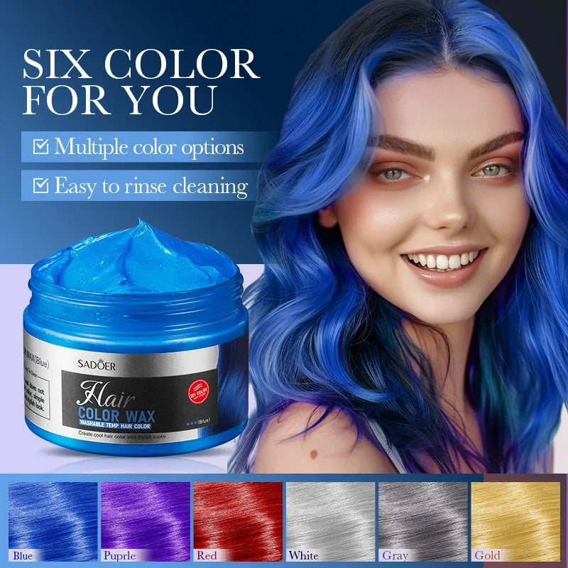 6-Color Temporary Hair Wax vibrant hair dye cream with blue, purple, red, white, gray, gold options and easy rinse formula