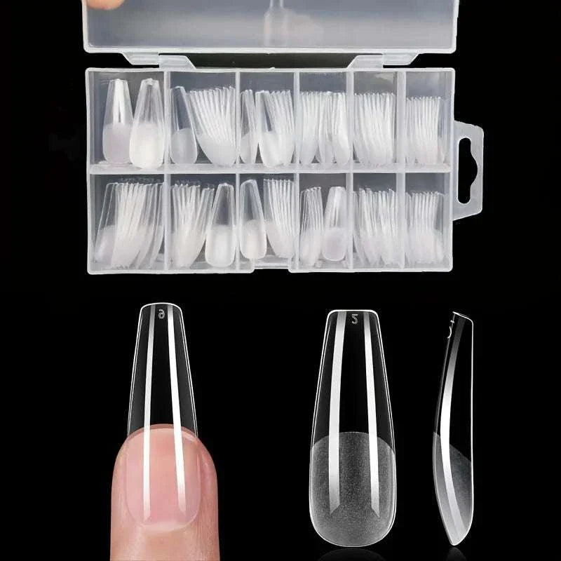 120pcs full cover press-on nail tips set with stiletto, almond, square, and coffin shapes in a clear storage box