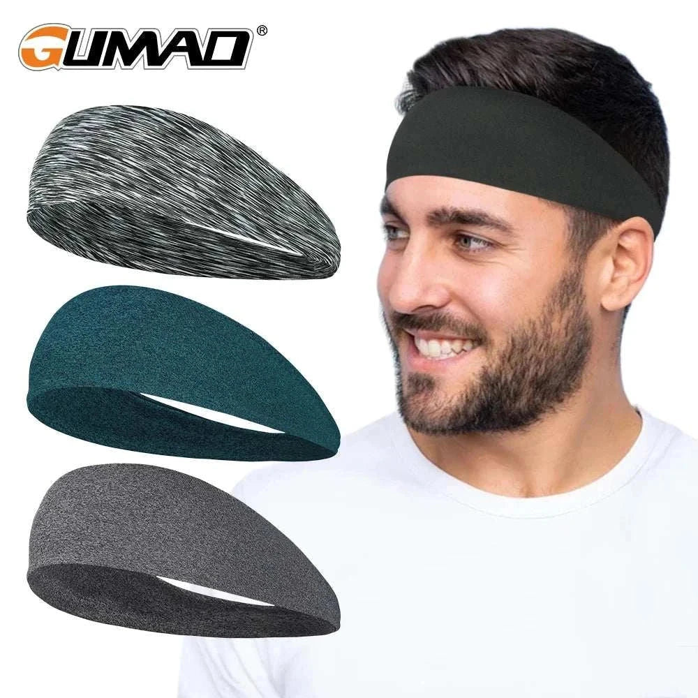 Man wearing black Fashion Sweatband Sport Headband with three additional headbands in black, teal, and grey colors displayed next to him