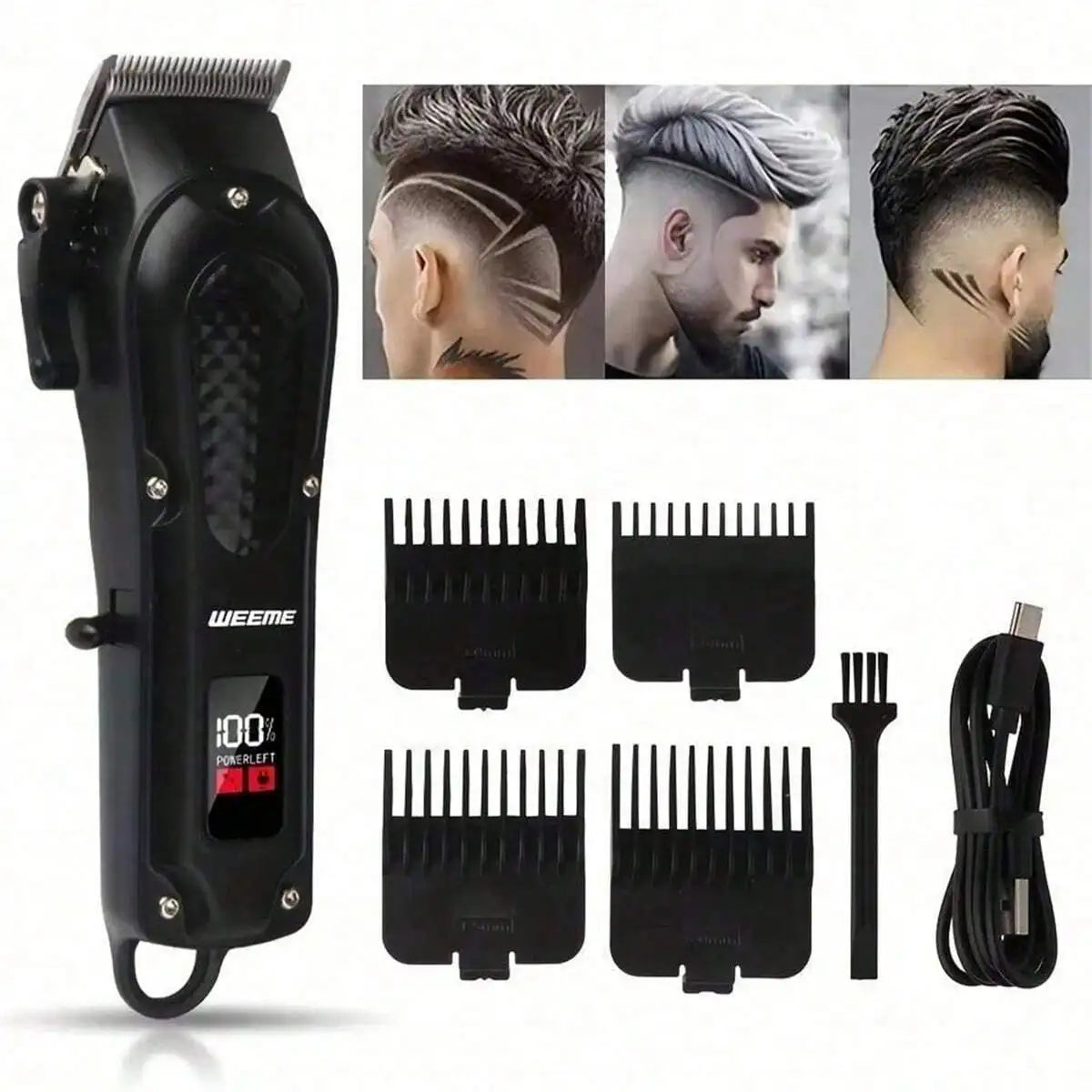 USB rechargeable hair clipper with precision blades, four guide combs, cleaning brush, and USB charging cable for cordless grooming