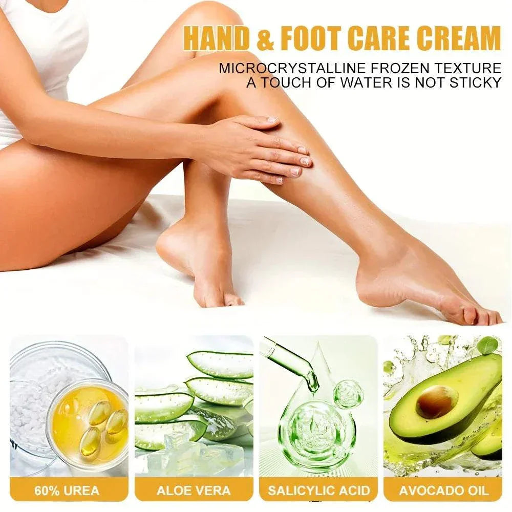 Urea Foot Cream for intensive hydration and repair of dry, cracked feet with urea, aloe vera, salicylic acid, and avocado oil.