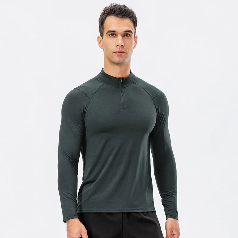 Men's Autumn Fitness long-sleeved quick-dry slim-fit running top with half-zip collar for training and casual wear